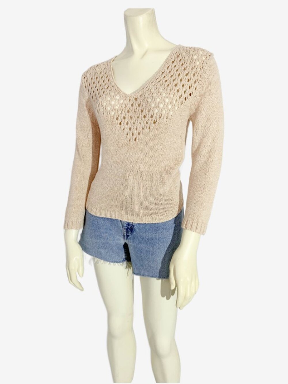 Vintage Tan Silk Blend V Neck Sweater with Crochet Collar / size Small